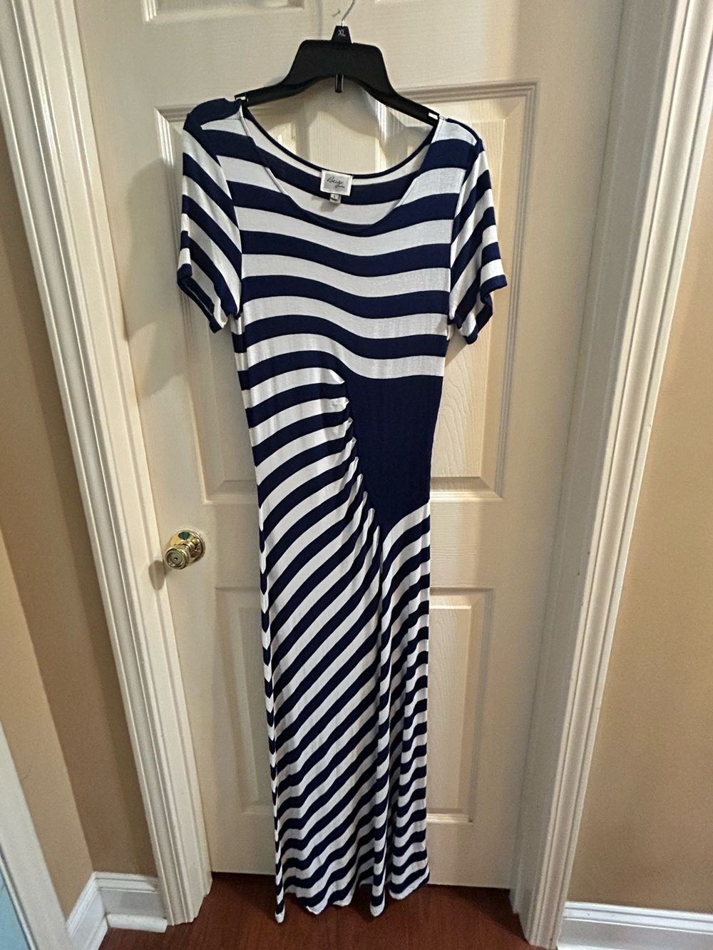 Beige by eci Navy and White Striped Maxi Dress